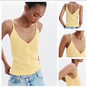 Zara Womens Yellow Pointelle Knit Ruffle V-Neck Cami Size Large NWT